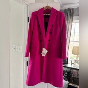 Zara Vibrant Pink Double-Breasted Pea Coat